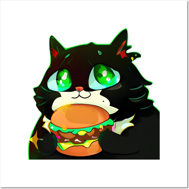 Black Fat cat with eating burger Wall Art by Meowsiful